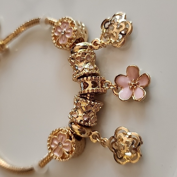 Flower Theme Gold PINK ENAMEL 7 Charm Beautiful Cutout Flowers - Picture 3 of 5